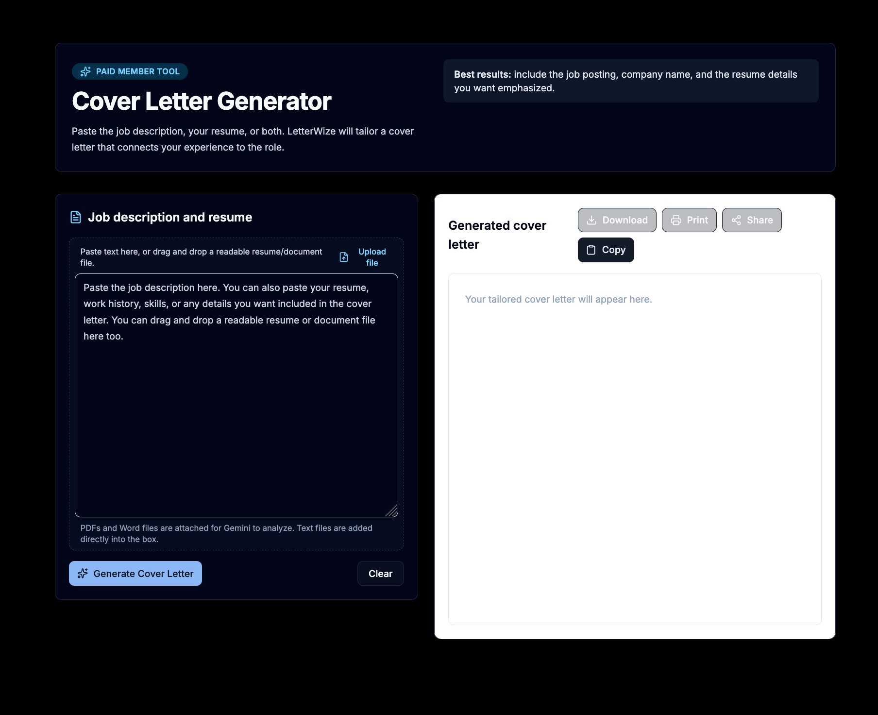 LetterWize cover letter generator with job description input and generated letter preview